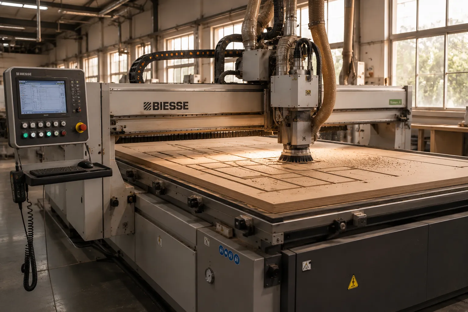 CNC nesting router cutting parts from a laminated board