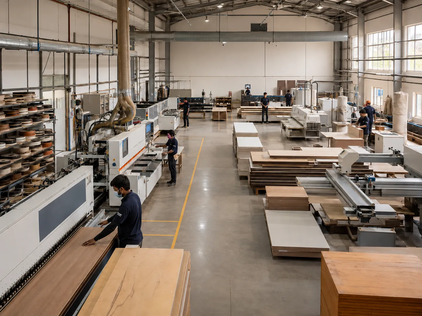 Furniture production floor with panel saws and stacked boards