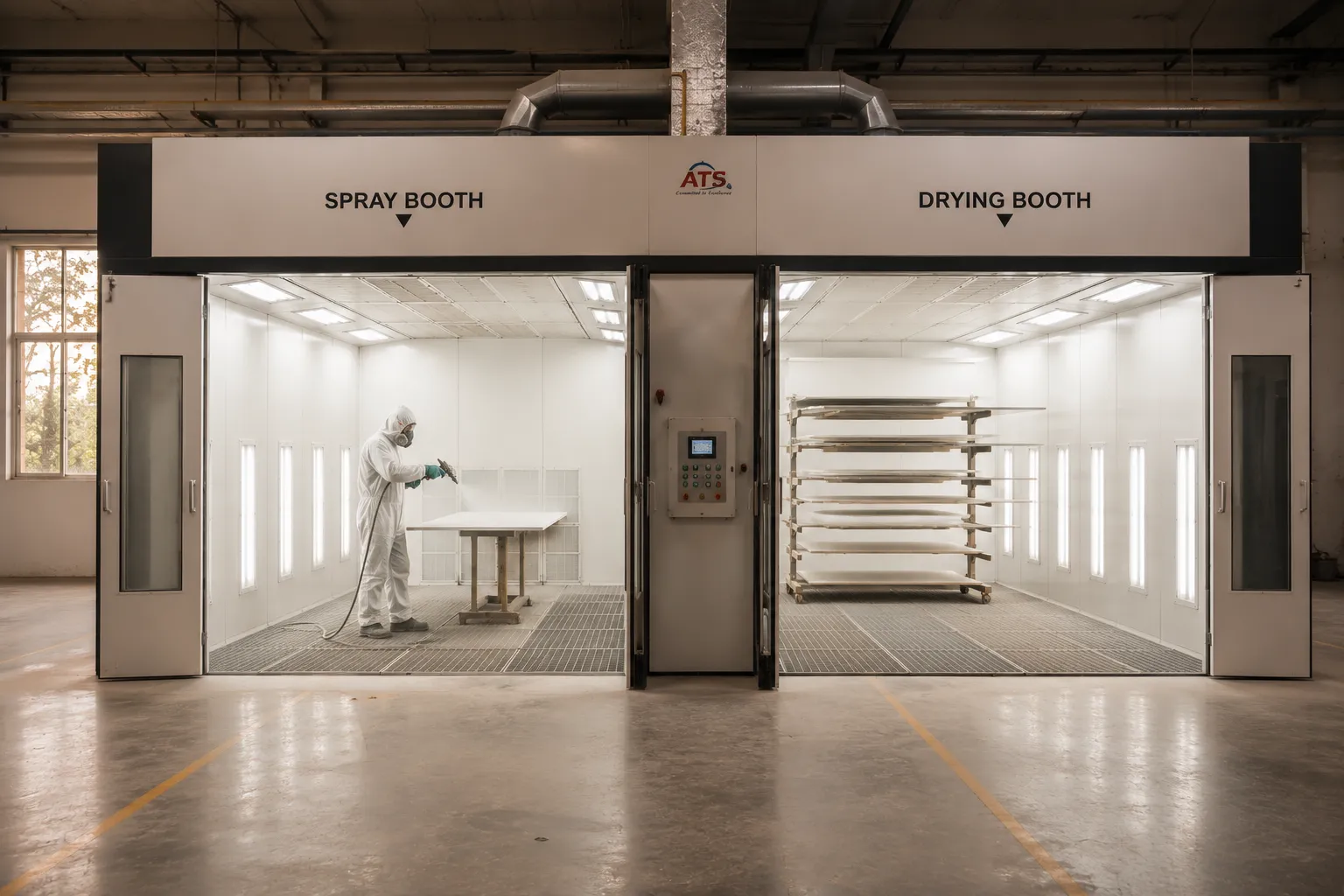 Enclosed spray paint booth with drying area
